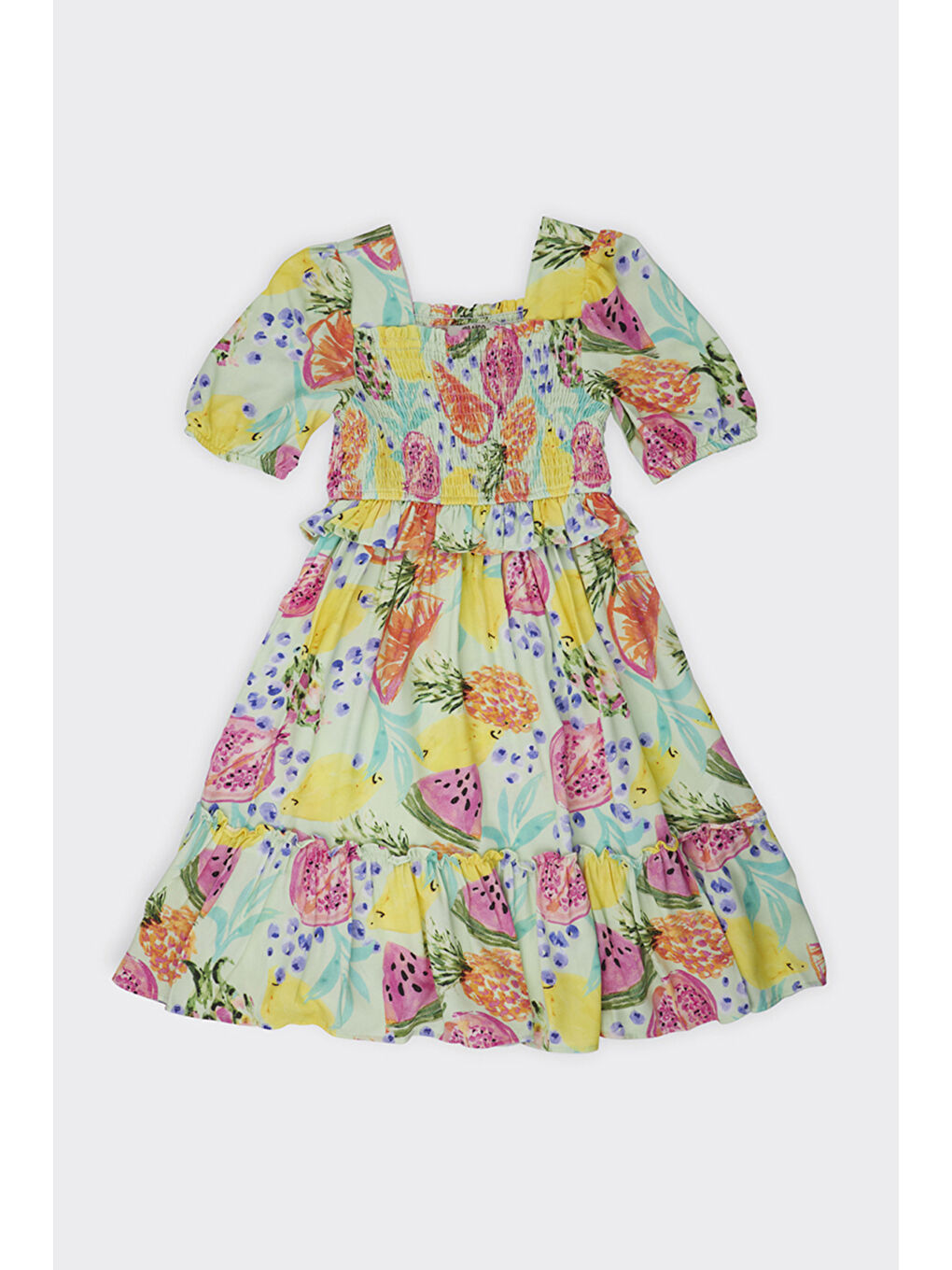 Yeşil Kız Çocuk Meyve Desenli Mint Elbise-3