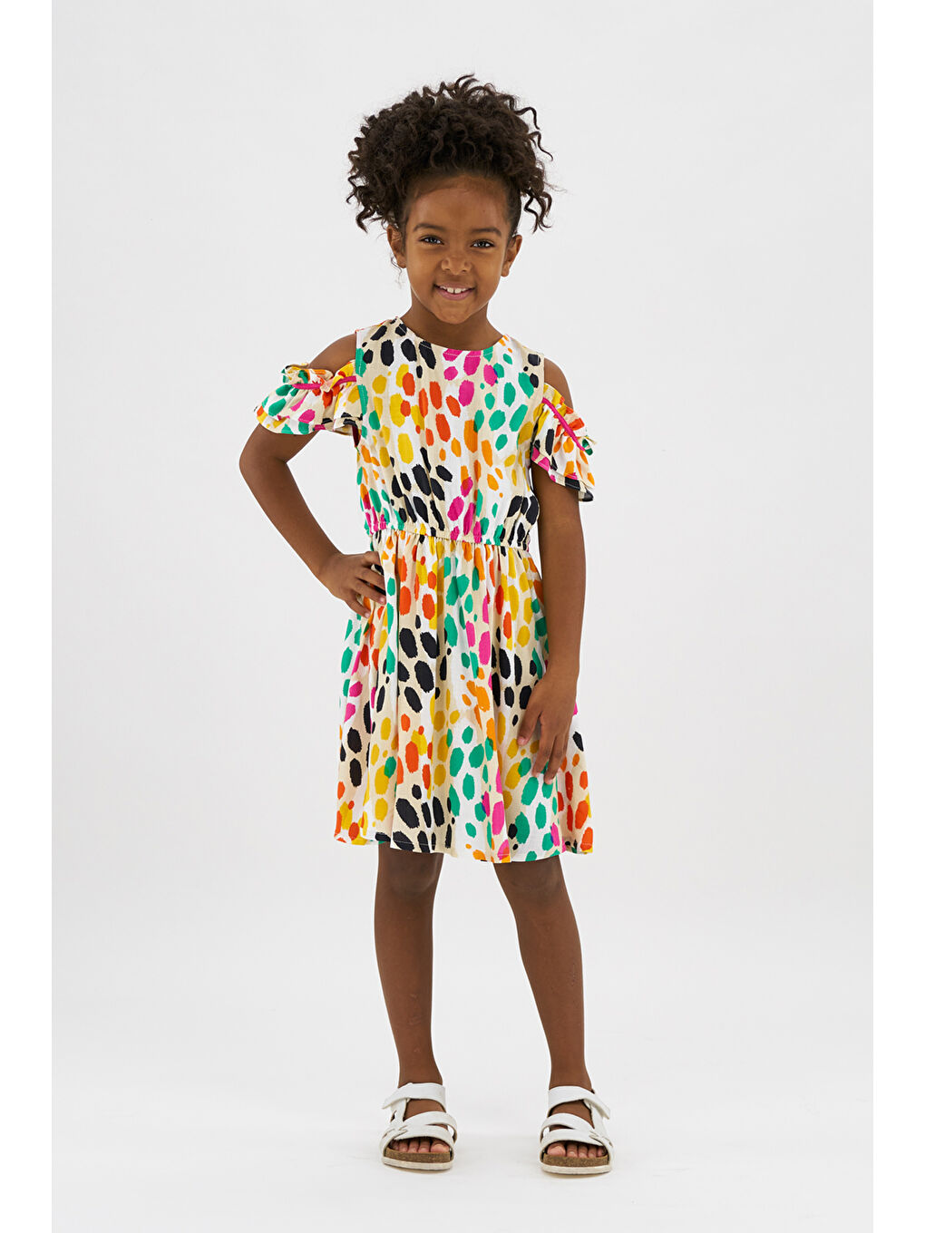 Bej Kız Çocuk Renkli Leopar Desenli Elbise