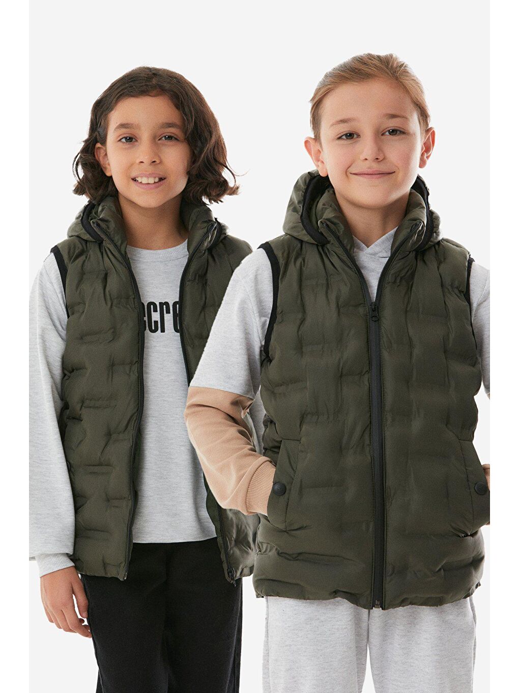 Haki Cebi Çıtçıtlı Kapüşonlu Unisex Çocuk Şişme Yelek