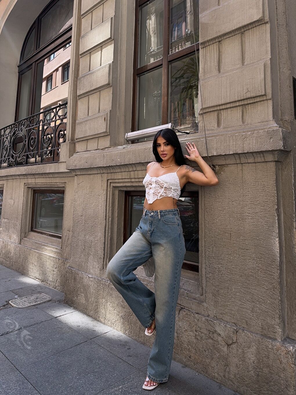 Mavi Vintage Yıkamalı Wide Leg Jean Pantolon