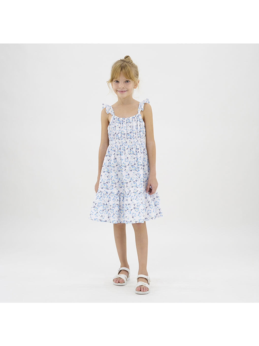 Kız Çocuk Çiçek Desenli Mavi Elbise