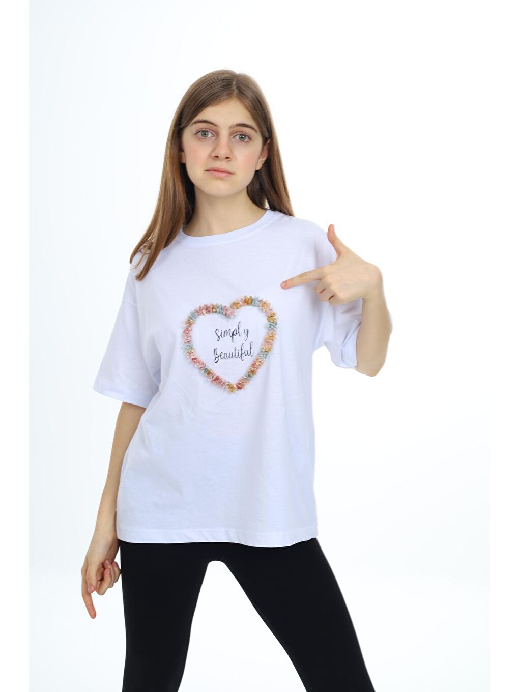 Beyaz Kız Çocuk Tasarım Kalp Desenli T-Shirt 9-14 Yaş Lx036