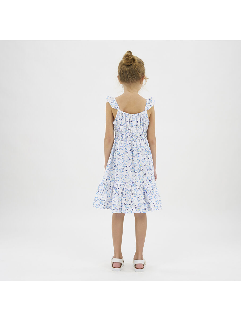 Kız Çocuk Çiçek Desenli Mavi Elbise-3