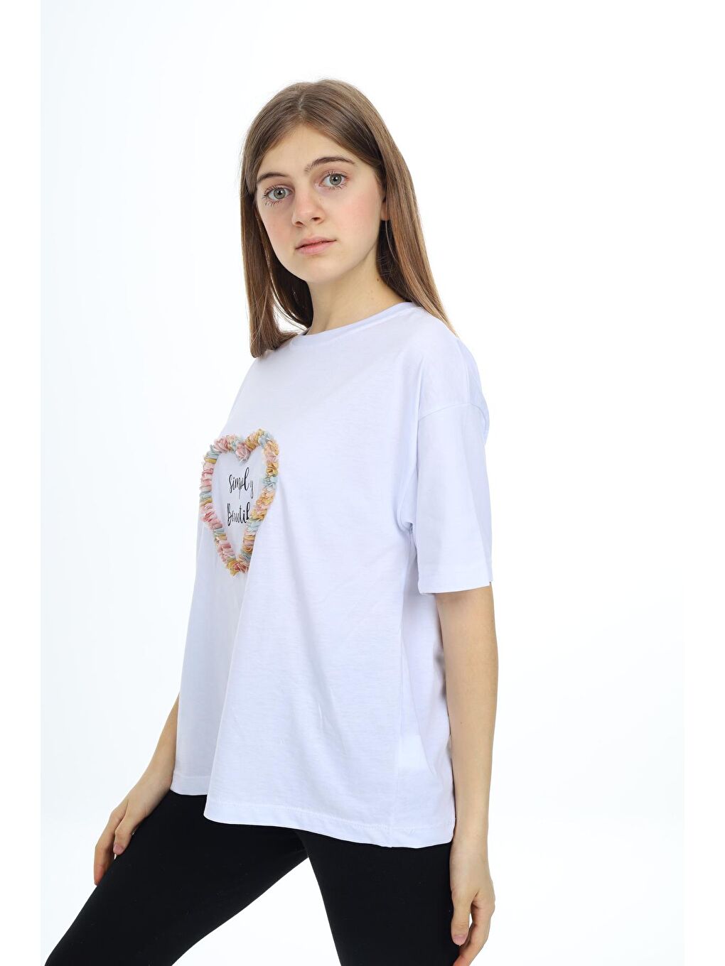 Beyaz Kız Çocuk Tasarım Kalp Desenli T-Shirt 9-14 Yaş Lx036-1
