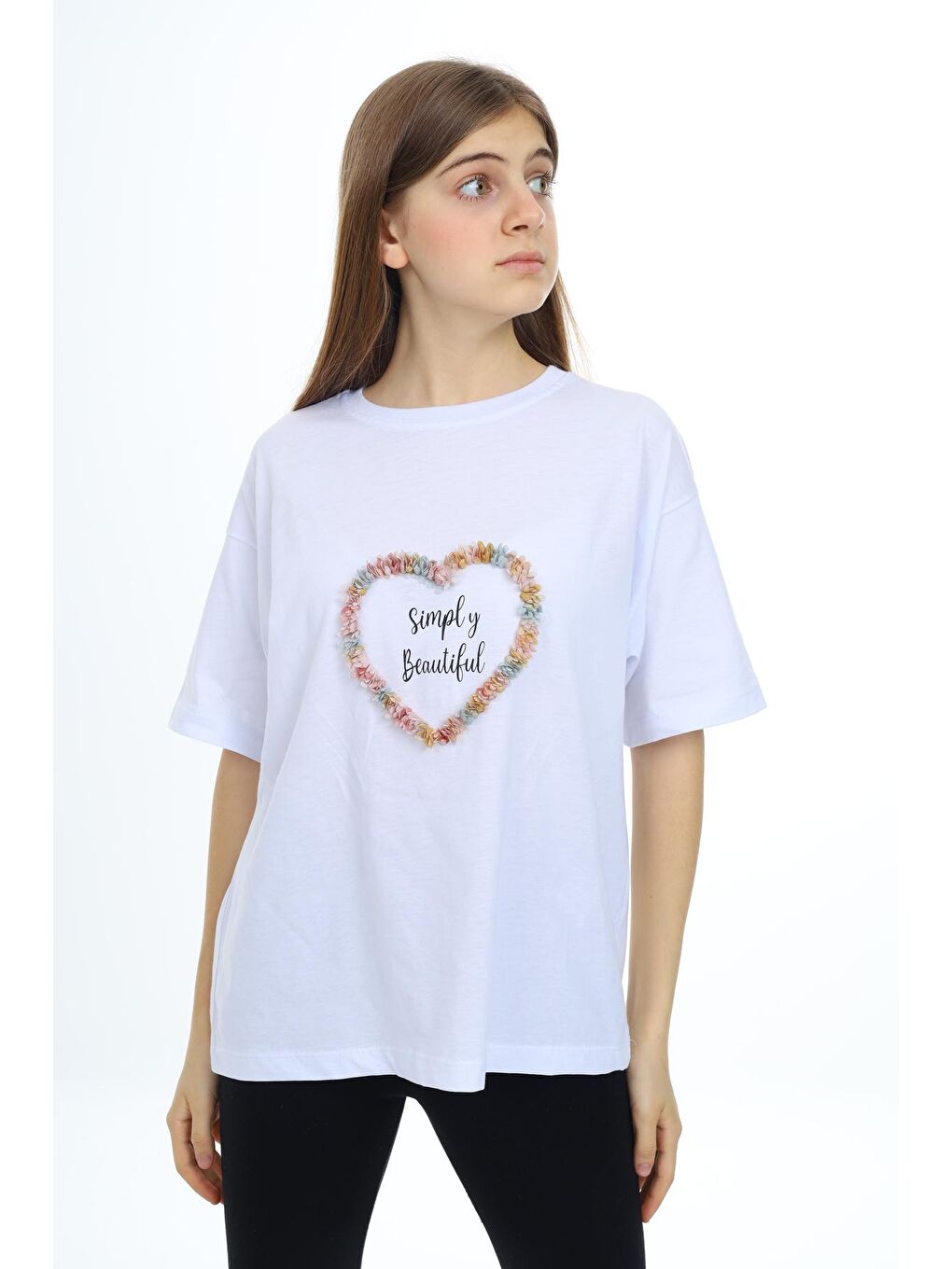 Beyaz Kız Çocuk Tasarım Kalp Desenli T-Shirt 9-14 Yaş Lx036-2