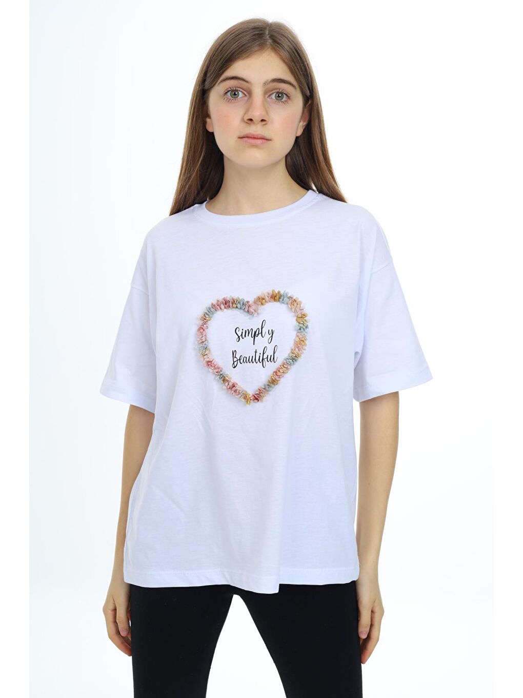Beyaz Kız Çocuk Tasarım Kalp Desenli T-Shirt 9-14 Yaş Lx036-3