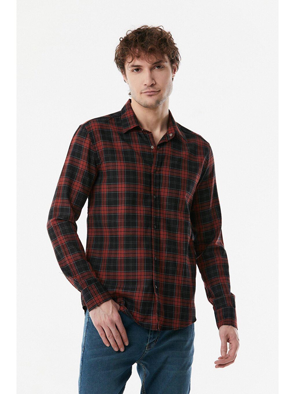 Kahverengi Ekose Desenli Çıtçıtlı Gömlek-1