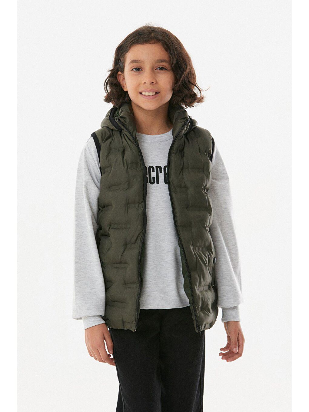 Haki Cebi Çıtçıtlı Kapüşonlu Unisex Çocuk Şişme Yelek-1