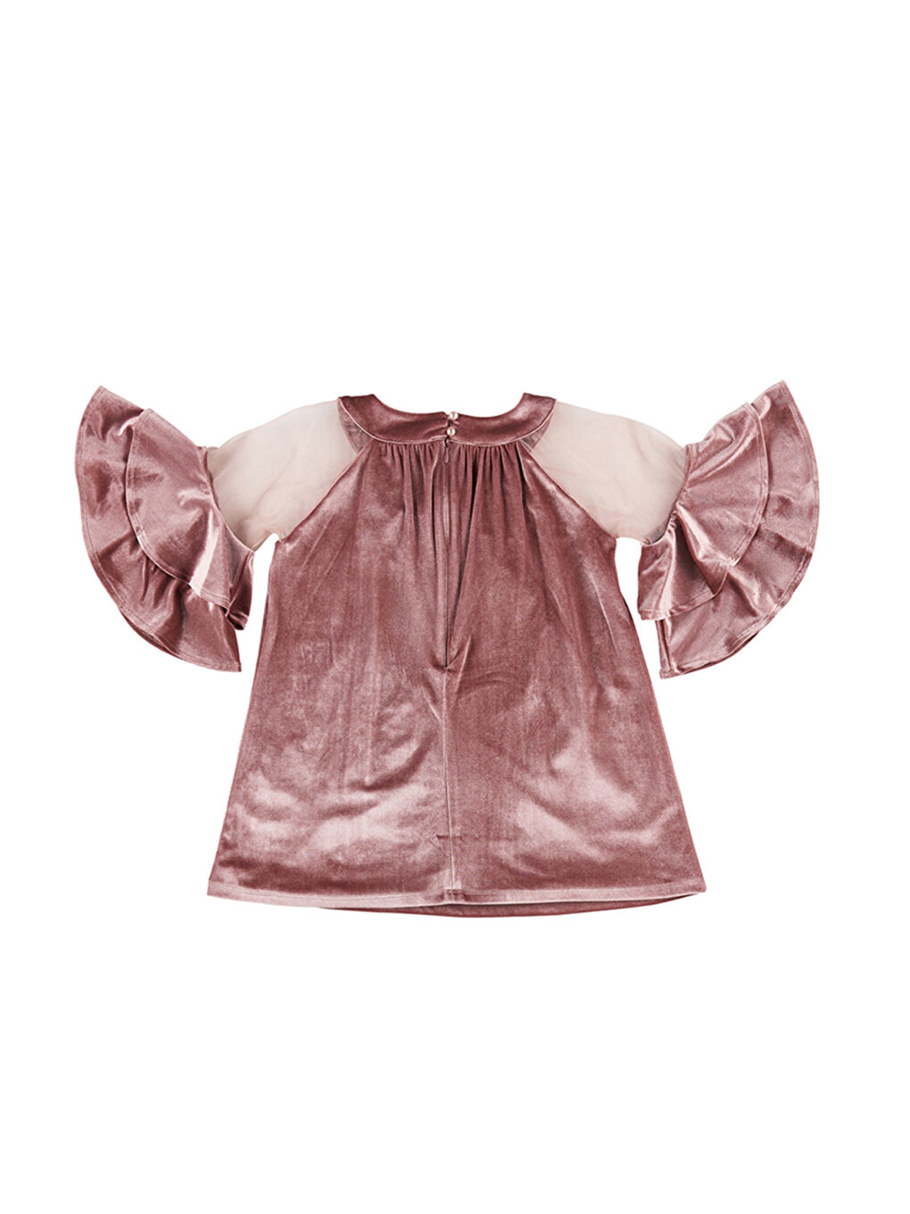 Kız Çocuk Volan Detaylı Pembe Kadife Abiye Elbise