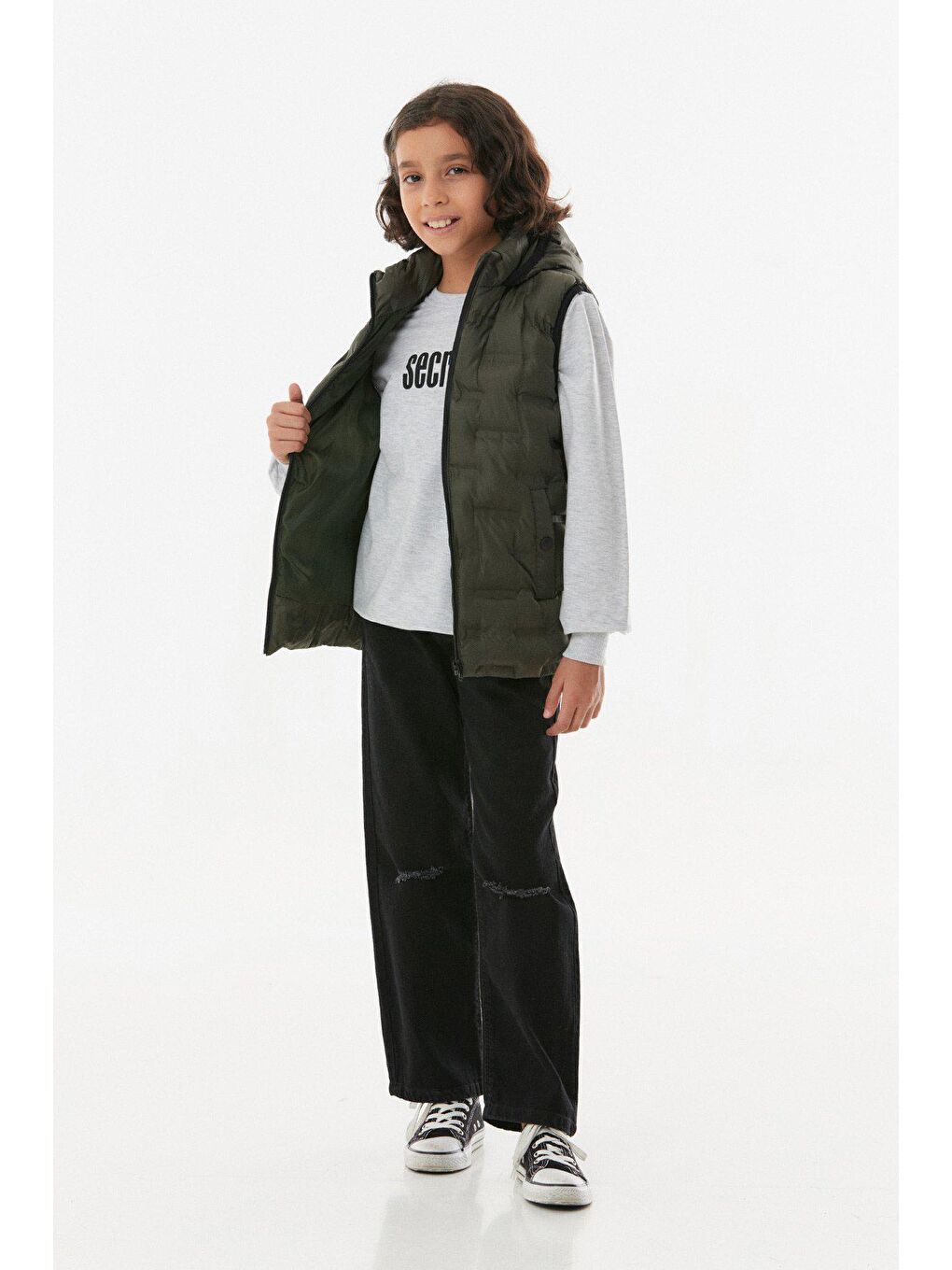 Haki Cebi Çıtçıtlı Kapüşonlu Unisex Çocuk Şişme Yelek-2