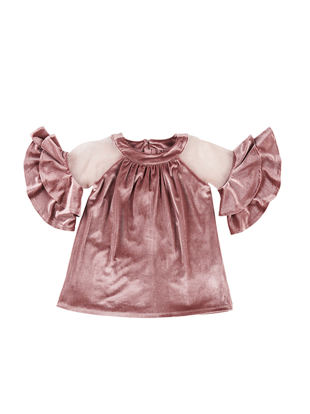 Kız Çocuk Volan Detaylı Pembe Kadife Abiye Elbise-1