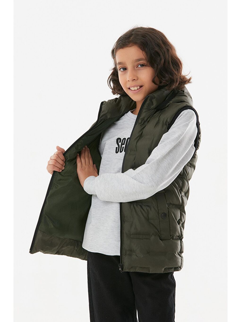 Haki Cebi Çıtçıtlı Kapüşonlu Unisex Çocuk Şişme Yelek-3