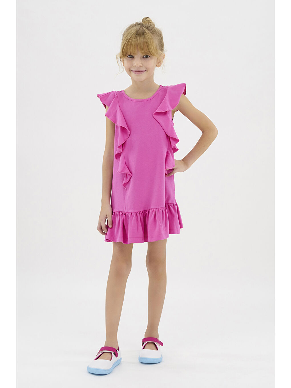 Kız Çocuk Fırfırlı Detaylı Fuşya Elbise