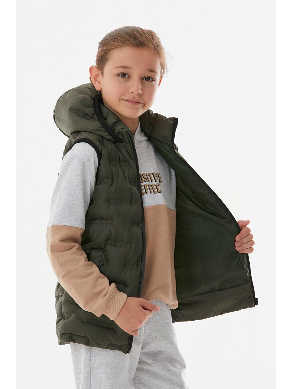 Haki Cebi Çıtçıtlı Kapüşonlu Unisex Çocuk Şişme Yelek-4