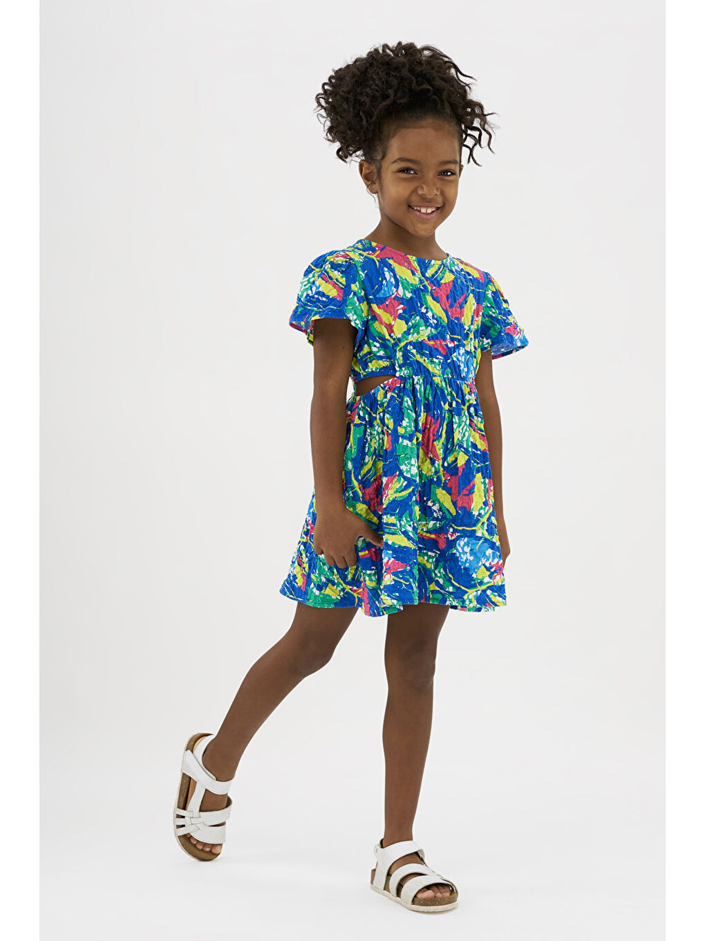 Kız Çocuk Çok Renkli Desenli Mavi Elbise