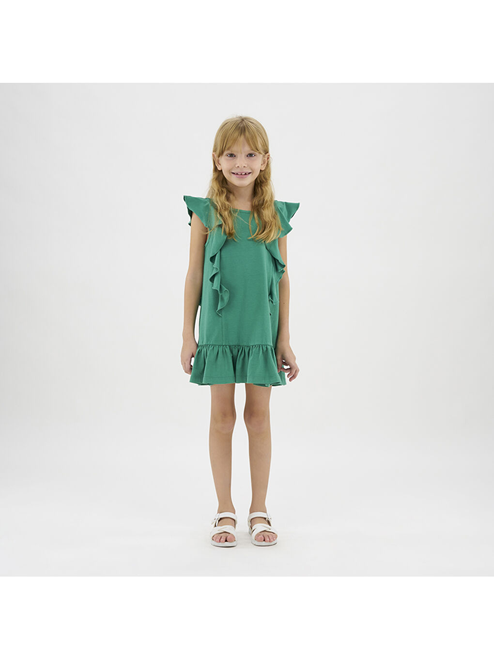 Kız Çocuk Fırfırlı Detaylı Yeşil Elbise