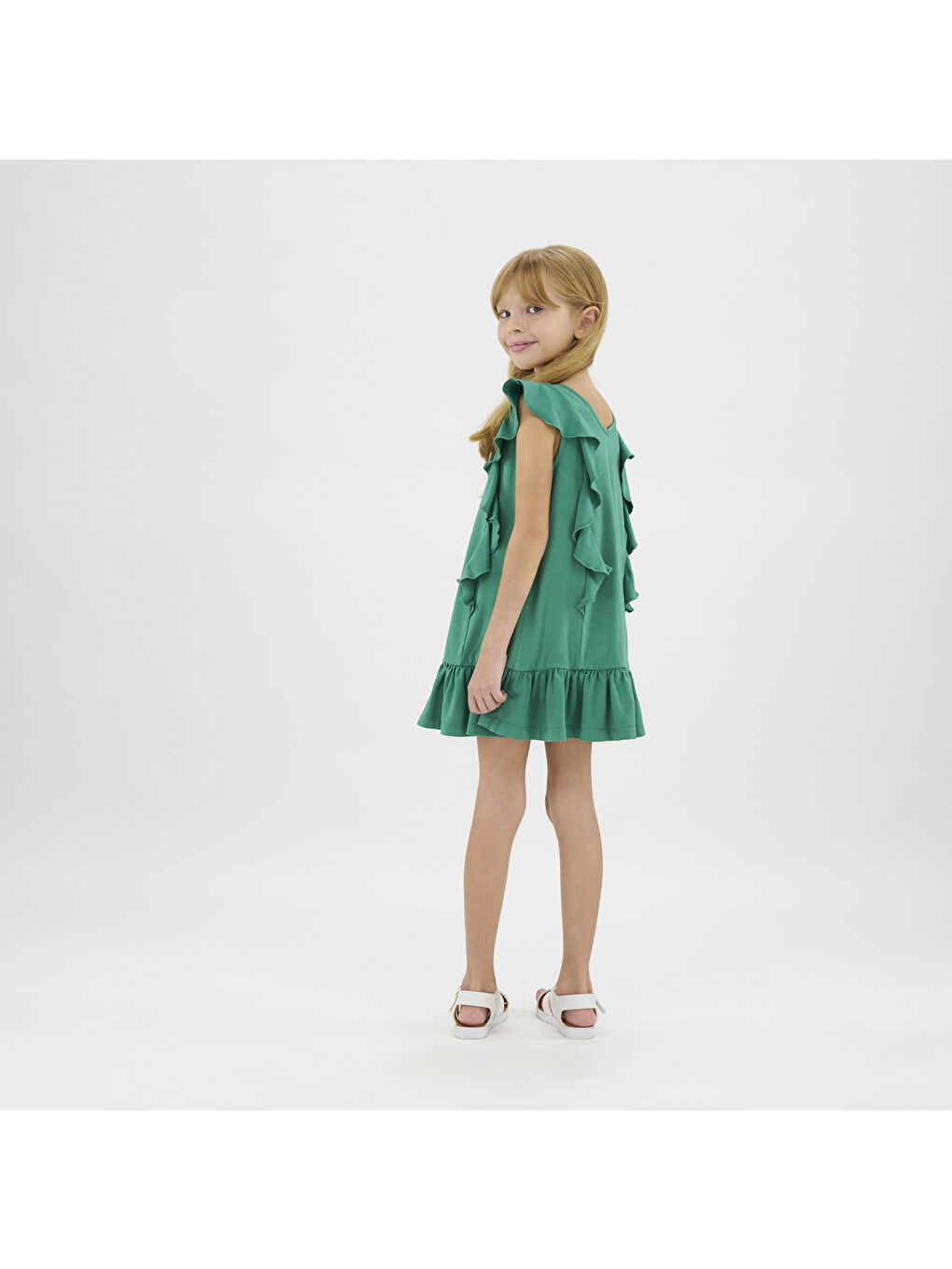 Kız Çocuk Fırfırlı Detaylı Yeşil Elbise-1