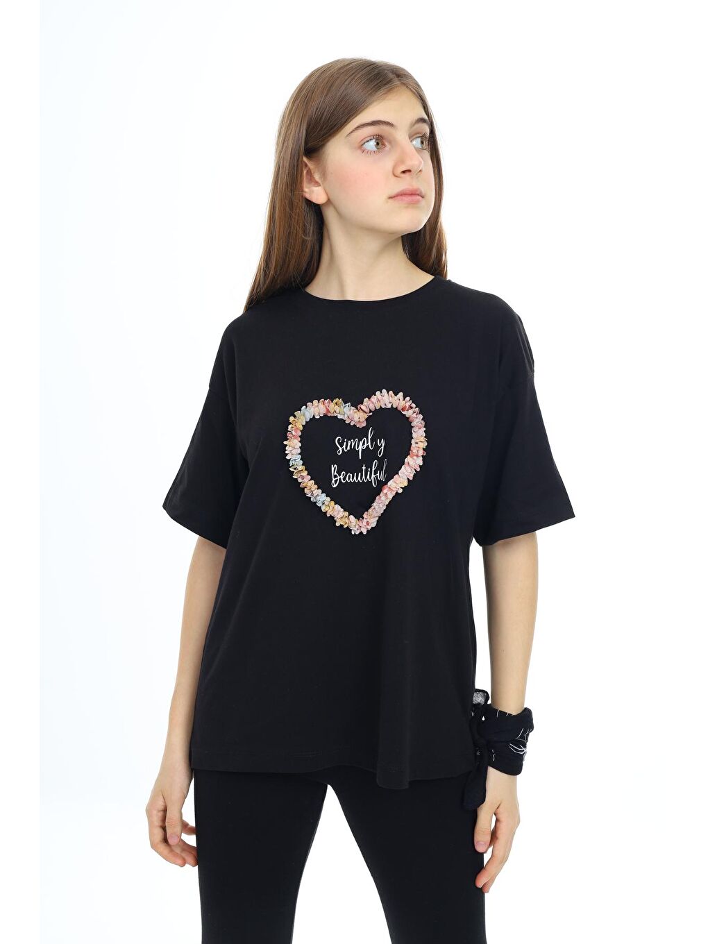 Siyah Kız Çocuk Tasarım Kalp Desenli T-Shirt 9-14 Yaş Lx036