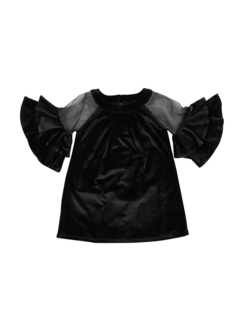 Kız Çocuk Volan Detaylı Siyah Kadife Abiye Elbise