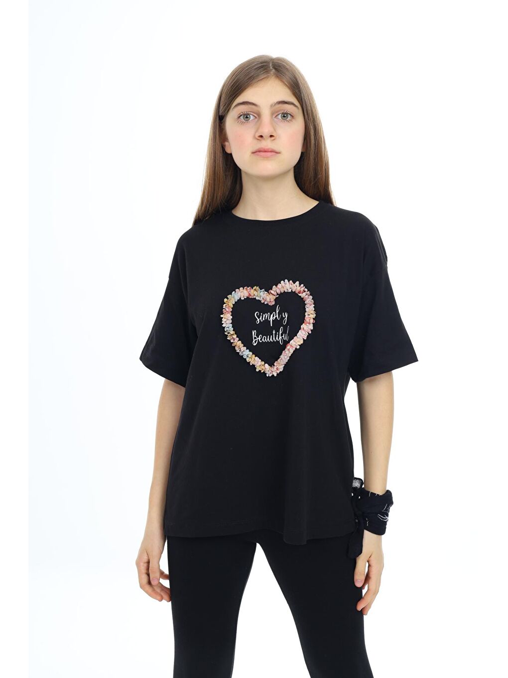 Siyah Kız Çocuk Tasarım Kalp Desenli T-Shirt 9-14 Yaş Lx036-1