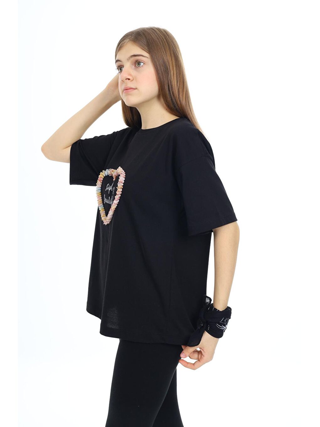 Siyah Kız Çocuk Tasarım Kalp Desenli T-Shirt 9-14 Yaş Lx036-2