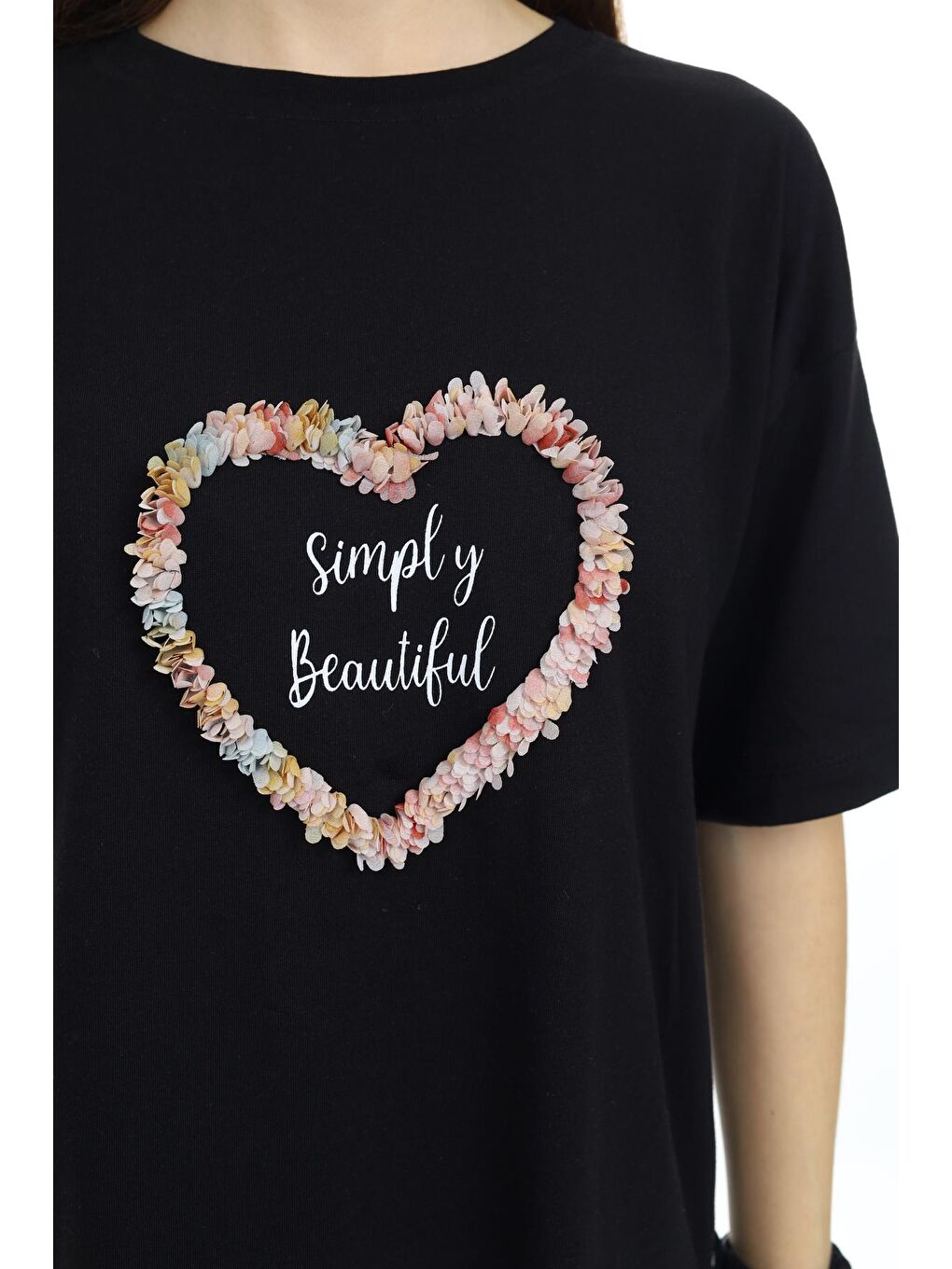 Siyah Kız Çocuk Tasarım Kalp Desenli T-Shirt 9-14 Yaş Lx036-4