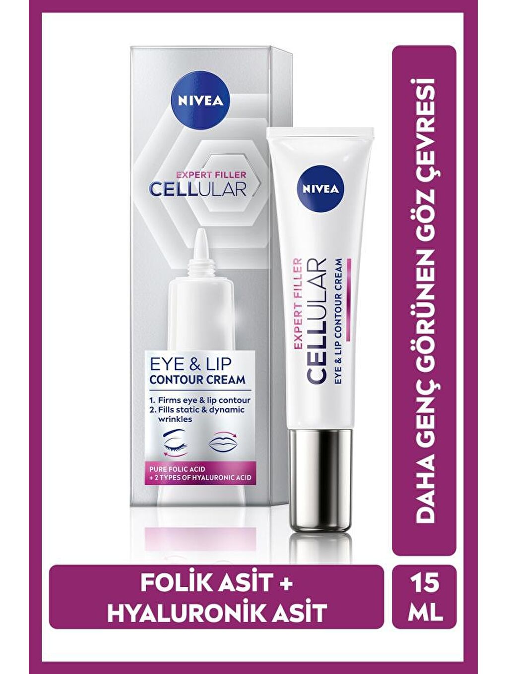 NIVEA Cellular Expert Filler Yaşlanma Karşıtı Göz Bakım Kremi 15 ml, Hyaluronik Asit Ve Folik Asit