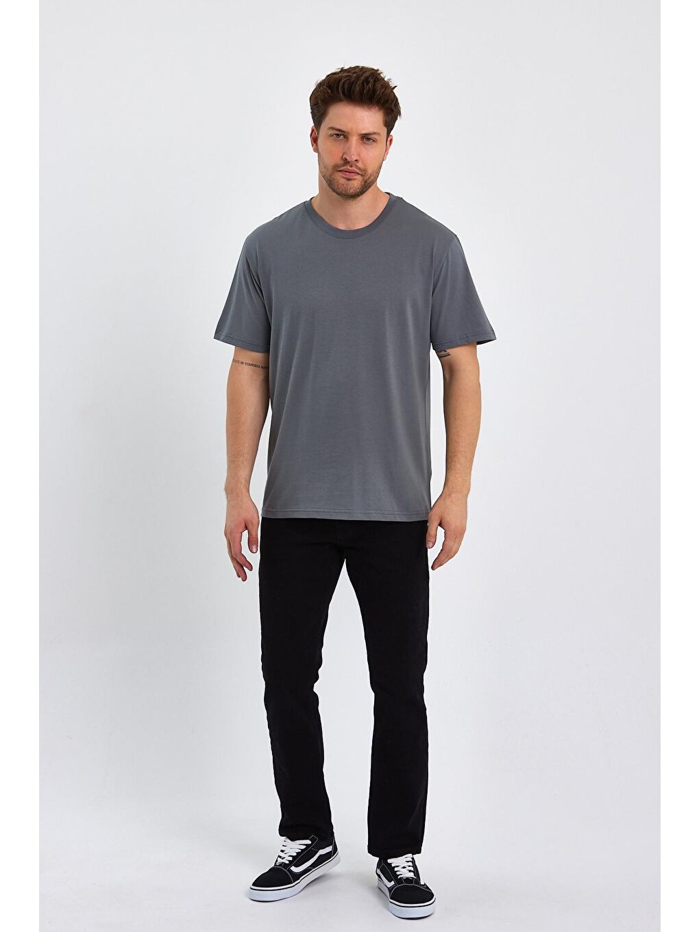 Antrasit Bisiklet Yaka Relax Fit Erkek Tişört-1