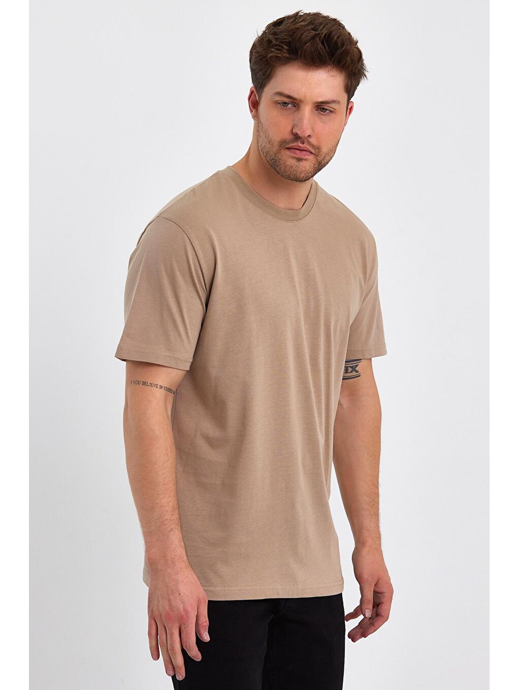 Bej Bisiklet Yaka Relax Fit Erkek Tişört-2