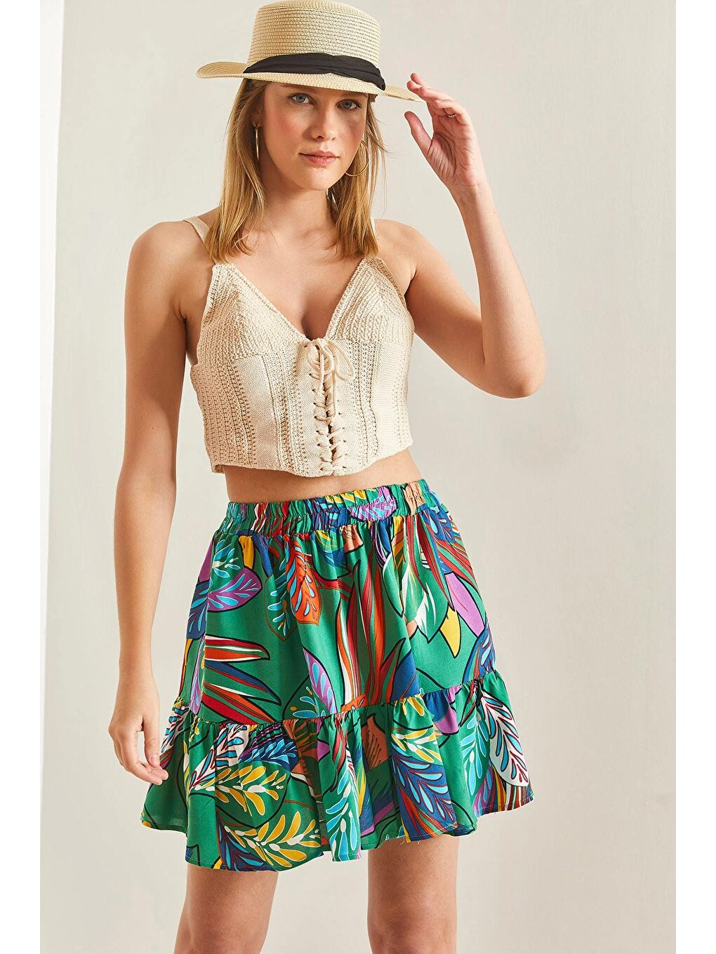 Yeşil Kadın Multi Desenli Fırfırlı Viskon Mini Etek