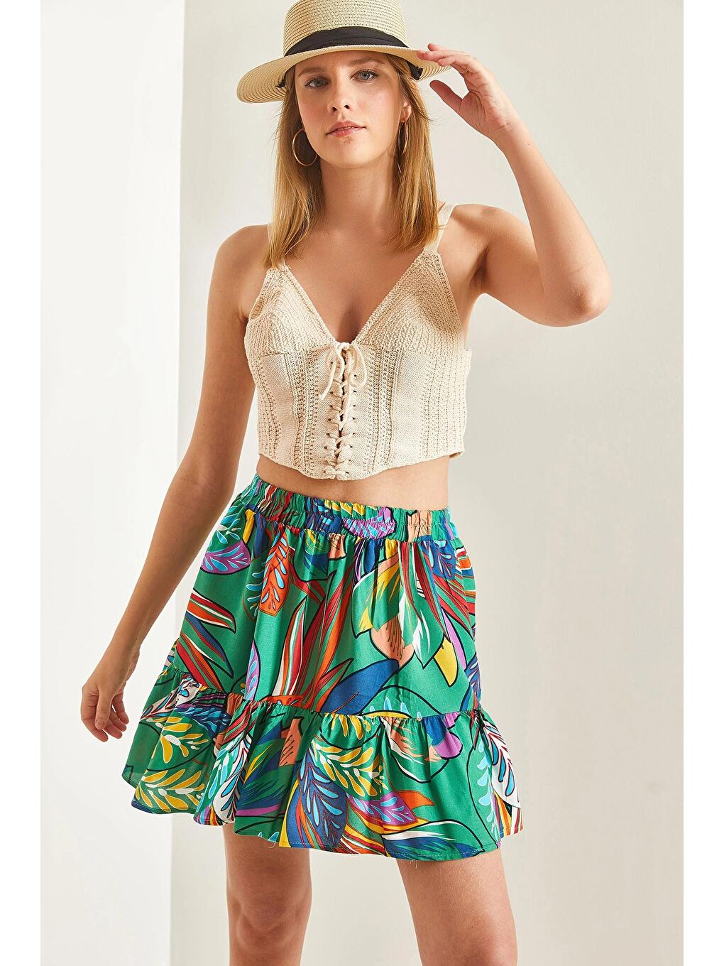 Yeşil Kadın Multi Desenli Fırfırlı Viskon Mini Etek-1