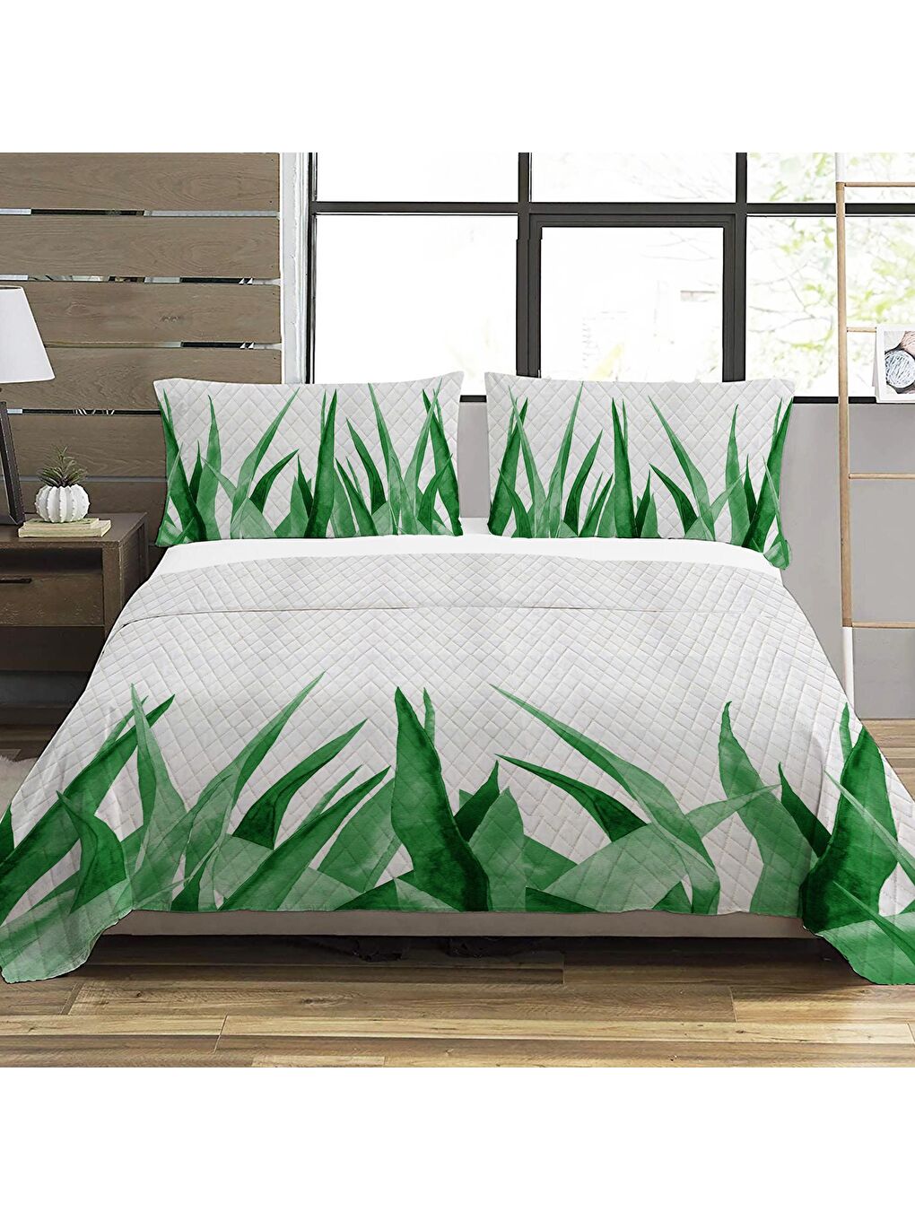 Karışık Yeşil Yaprak Desen Çift Kişilik Baskılı Pike  (200x220 Cm)