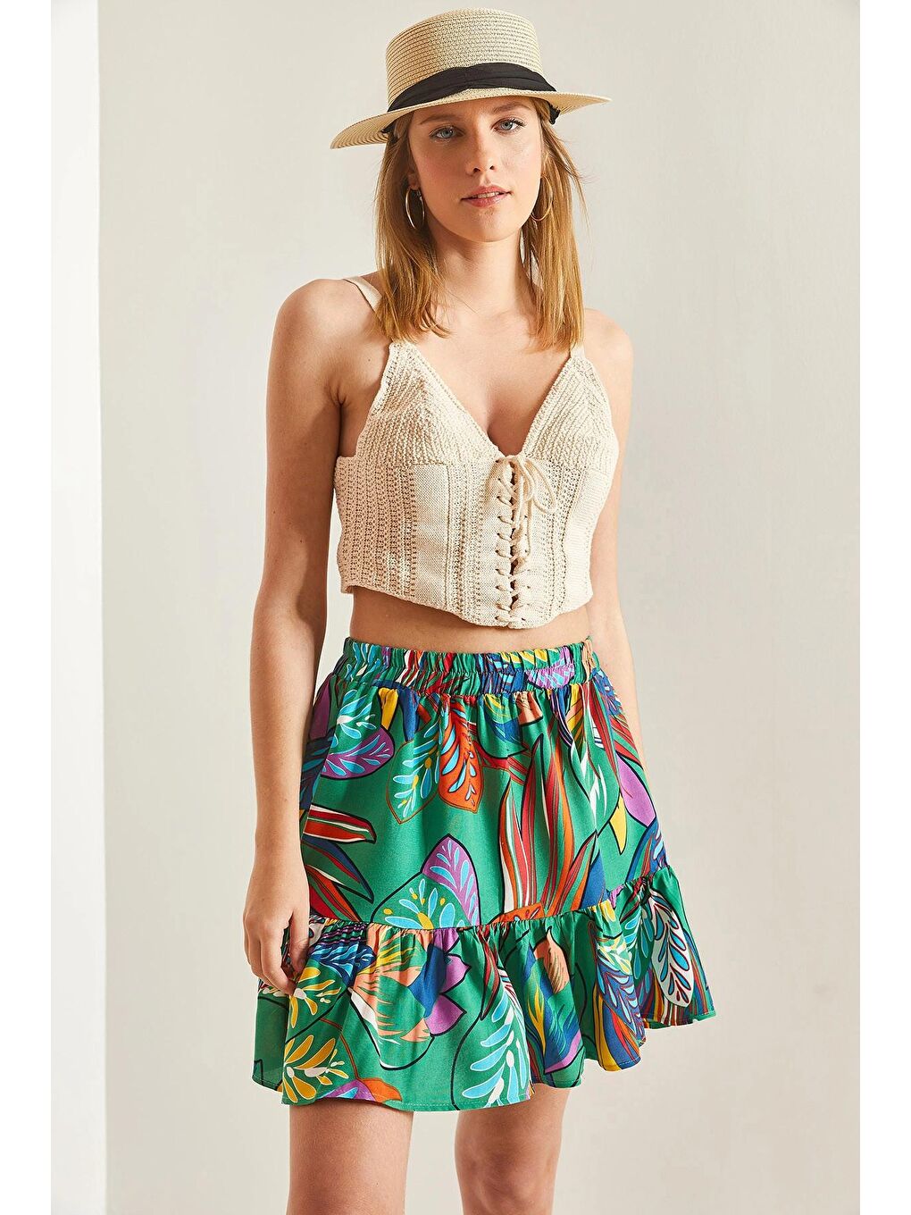 Yeşil Kadın Multi Desenli Fırfırlı Viskon Mini Etek-2