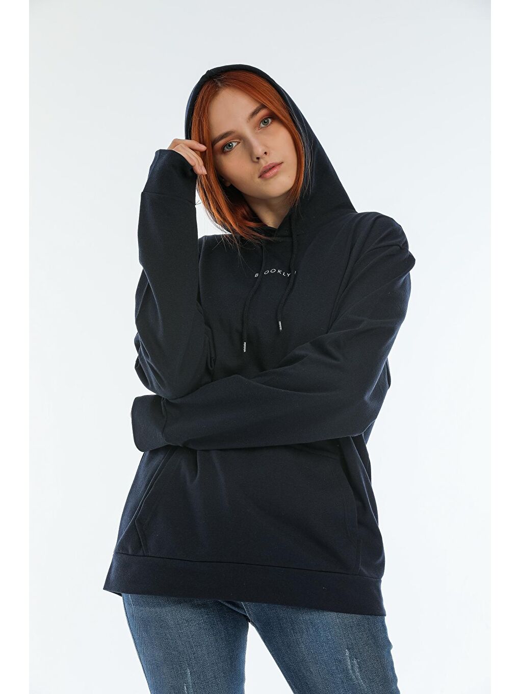 Süperlife Lacivert Kadın Kapüşonlu Oversize Brooklyn Baskılı Sweatshirt SPR22SWK161 - 3