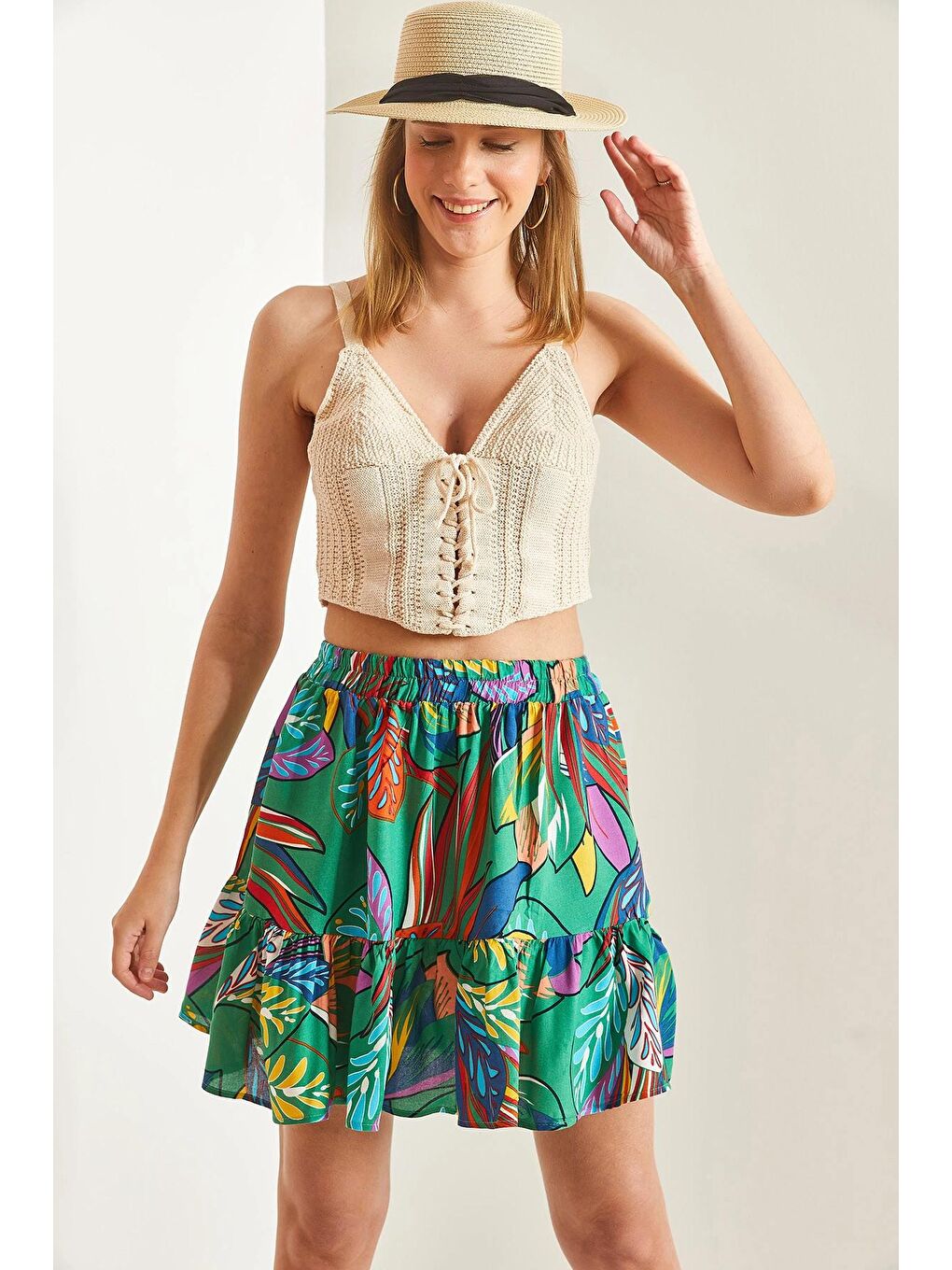 Yeşil Kadın Multi Desenli Fırfırlı Viskon Mini Etek-3