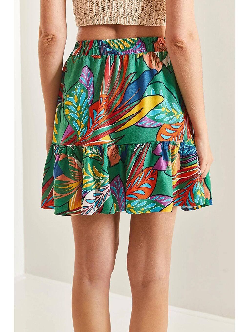 Yeşil Kadın Multi Desenli Fırfırlı Viskon Mini Etek-4