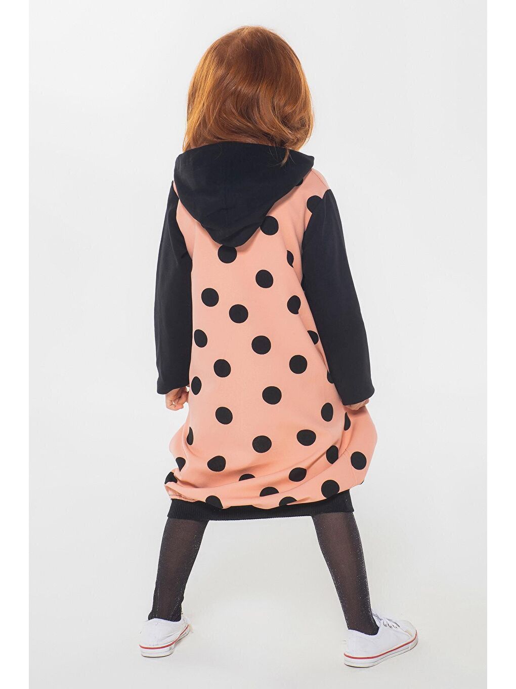 Karışık Puantiyeli Kapşonlu Kız Çocuk Elbise-1