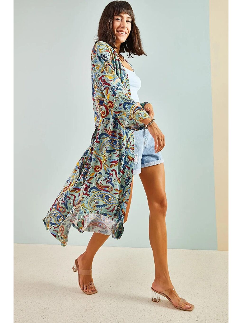 Yeşil Kadın Multi Desenli Kuşaklı Kimono