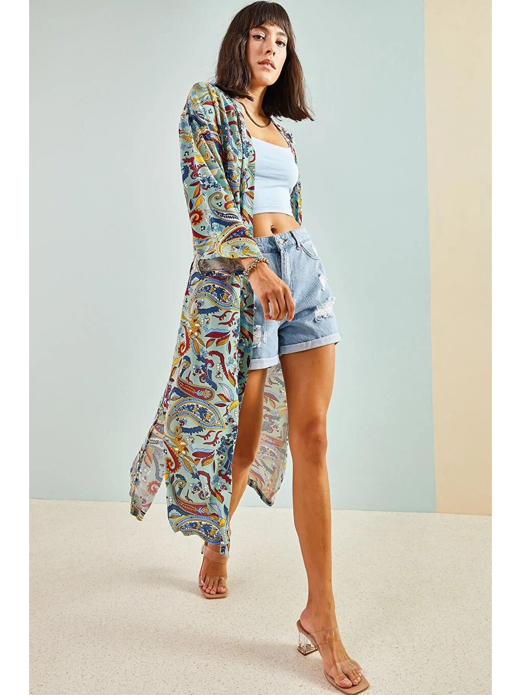 Yeşil Kadın Multi Desenli Kuşaklı Kimono-1