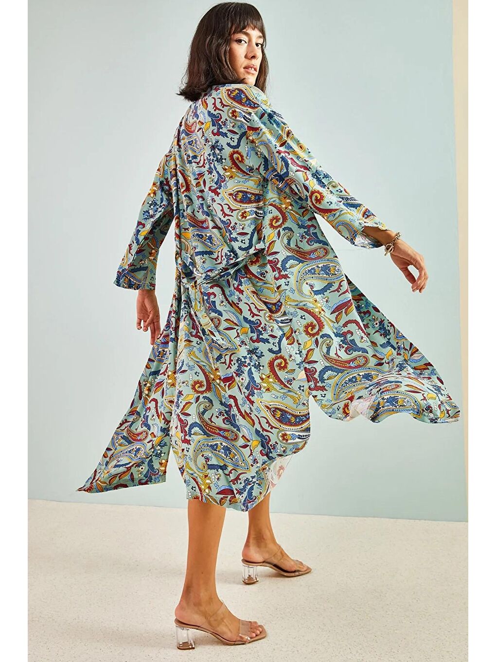 Yeşil Kadın Multi Desenli Kuşaklı Kimono-2