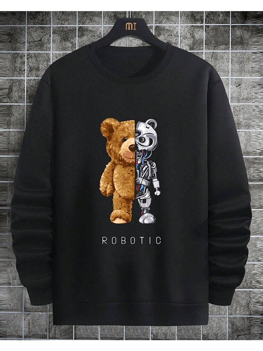 Siyah Robotic Ayıcık Robot Baskılı Erkek Sweatshirt