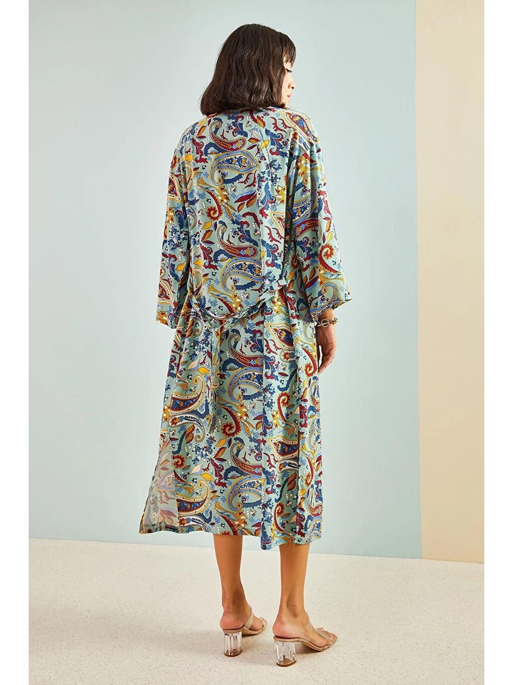 Yeşil Kadın Multi Desenli Kuşaklı Kimono-3