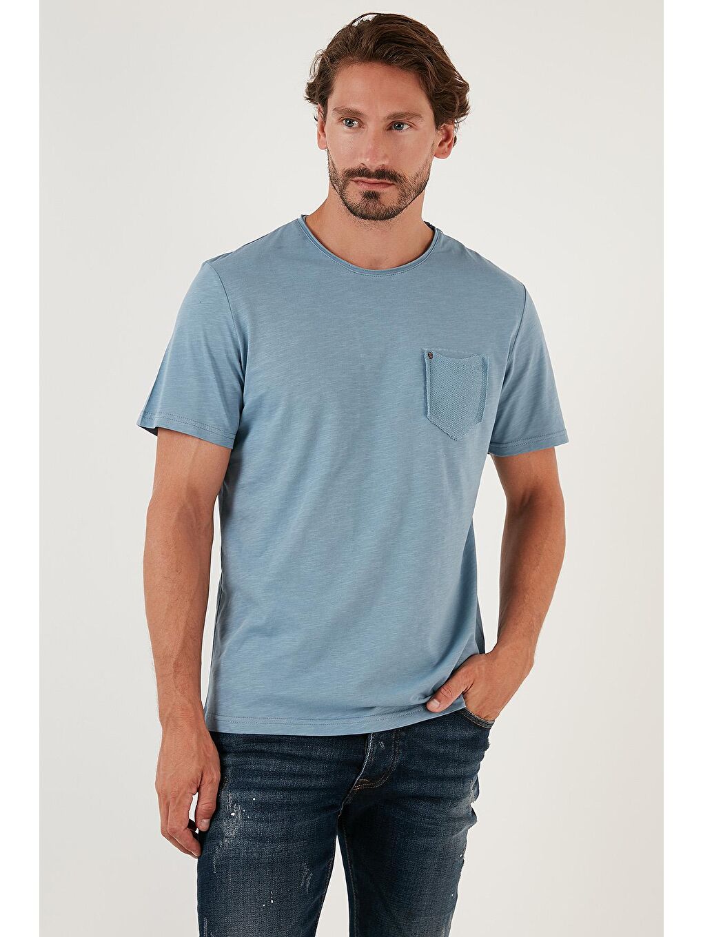 Buratti Açık Mavi % 100 Pamuklu Slim Fit Bisiklet Yaka Cepli T Shirt 5902000 - 1