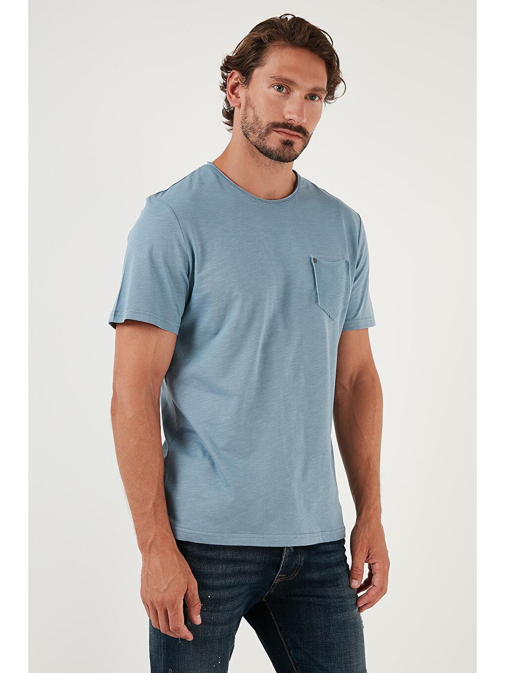 Buratti Açık Mavi % 100 Pamuklu Slim Fit Bisiklet Yaka Cepli T Shirt 5902000 - 3