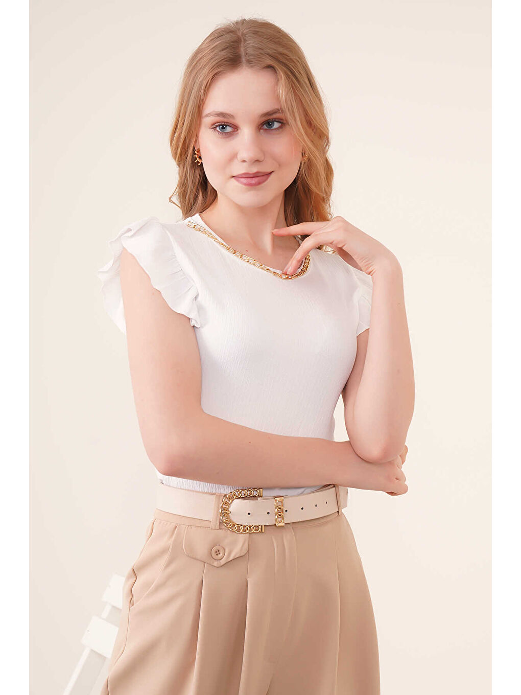 Kahverengi Kadın Zincir Detaylı Örme Bluz 0430-5