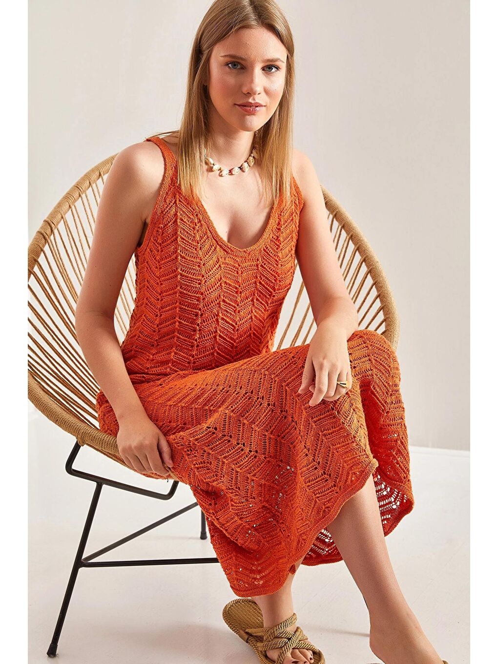 Turuncu Kadın Askılı Ajurlu Yazlık Triko Elbise