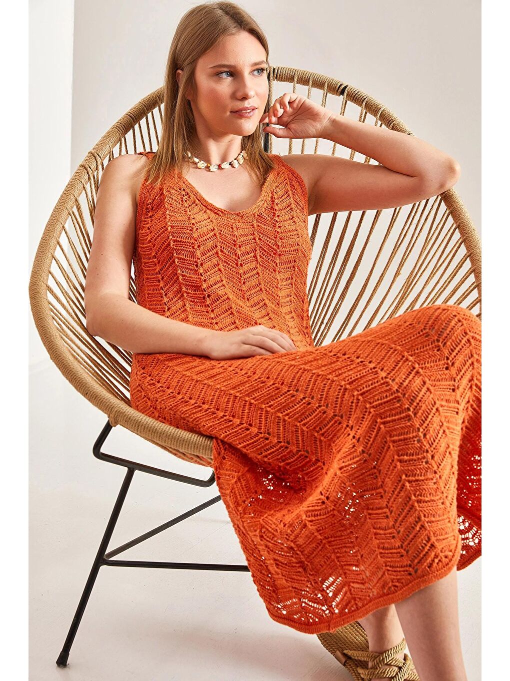 Turuncu Kadın Askılı Ajurlu Yazlık Triko Elbise-1