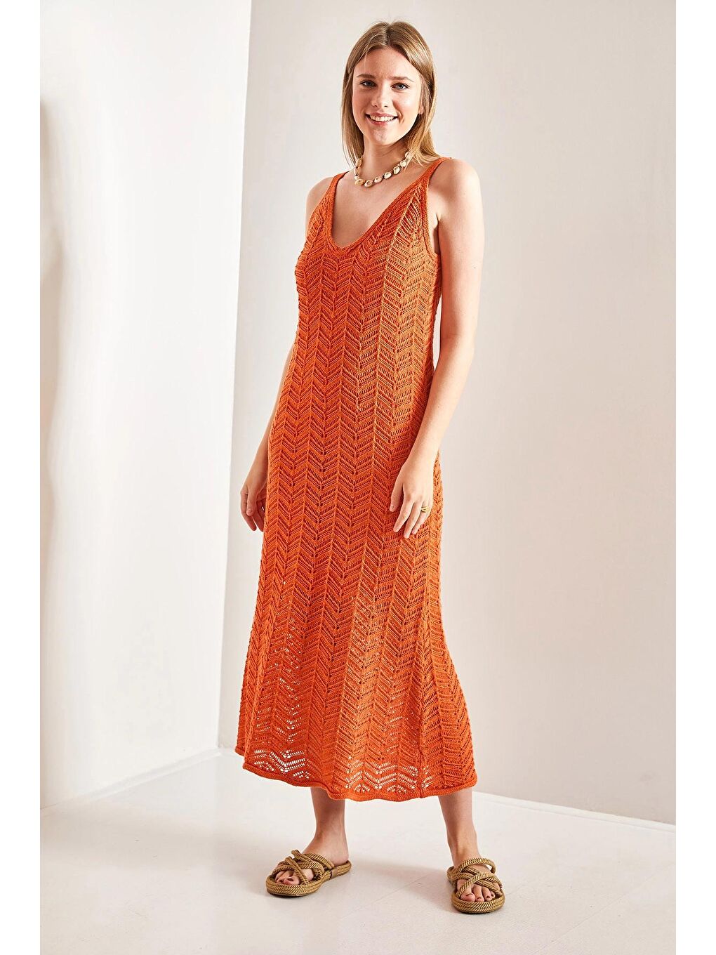 Turuncu Kadın Askılı Ajurlu Yazlık Triko Elbise-2