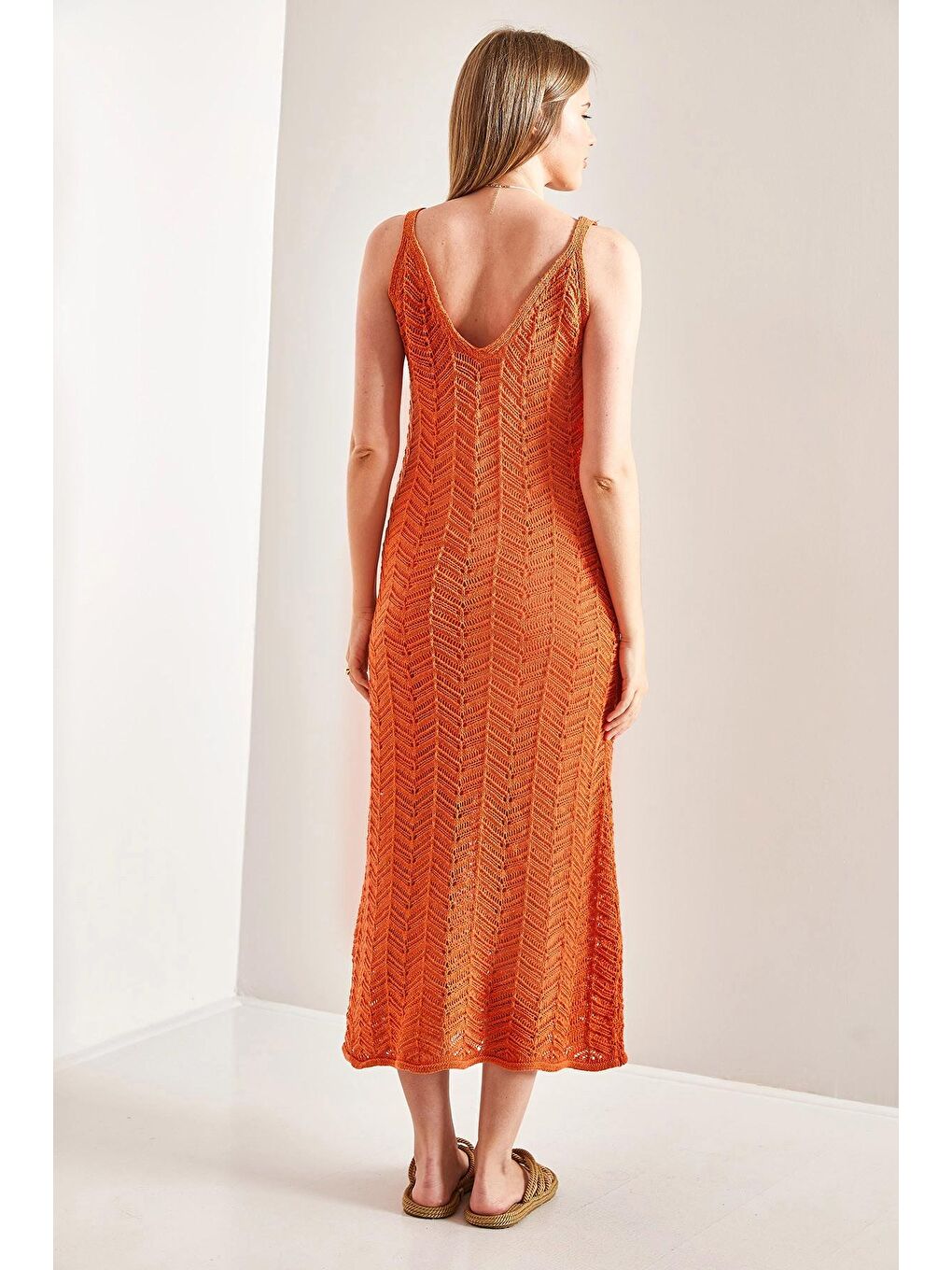 Turuncu Kadın Askılı Ajurlu Yazlık Triko Elbise-3