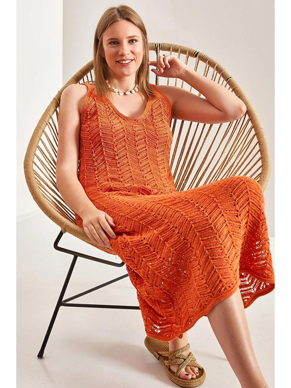 Turuncu Kadın Askılı Ajurlu Yazlık Triko Elbise-4